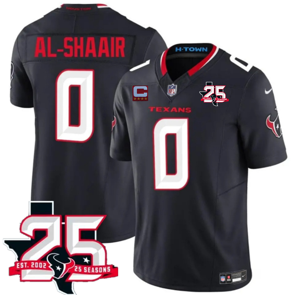 Men's Navy Houston Texans #0 Azeez Al-Shaair 2nd Alternate 2026 With 25th Anniversary Patch And 4-Star C Patch F.U.S.E. Vapor Limited Stitched Football Jersey